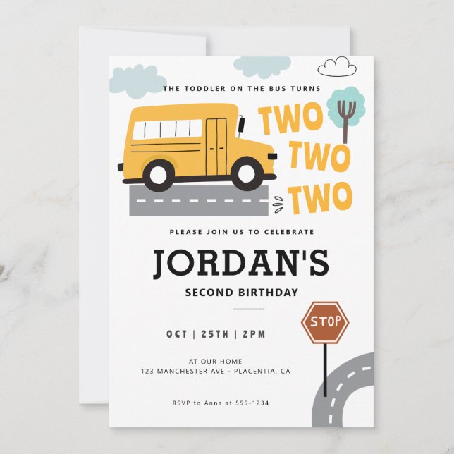 Convite Barramento Escolar Rodas de Segundo aniversário no (Frente)