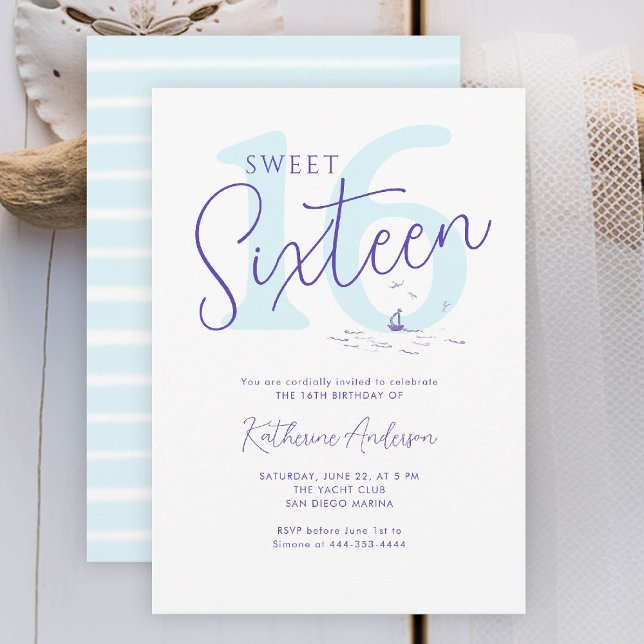 Convite Barramento Moderno do Oceano Costeiro Náutico Swee (sweet sixteen invitation her coastal nautical boat yacht beach waterfront ocean marina stripes)