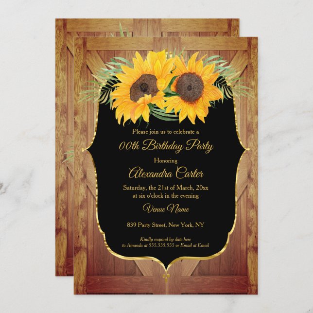 Convite Barramento rústico de girassol Porta do ouro negro (Frente/Verso)