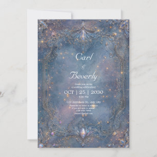 Convite Barroco Azul Celeste Dourado Joia de Casamento