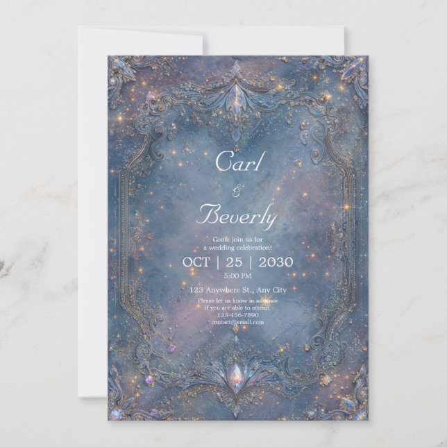 Convite Barroco Azul Celeste Dourado Joia de Casamento (Frente)