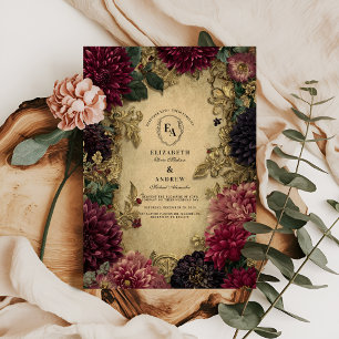 Convite Barroco Dourado antigo e Borgonha Dahlia Romance