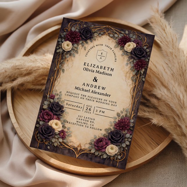 Convite Barroco Gótico Floral Casamento (Criador carregado)