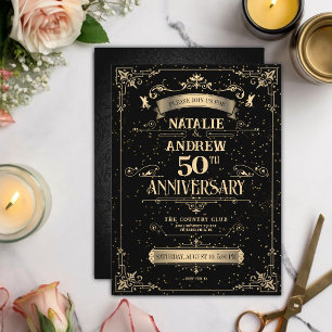 Convite Barroco Negro e Dourado Elegante 50º Aniversário