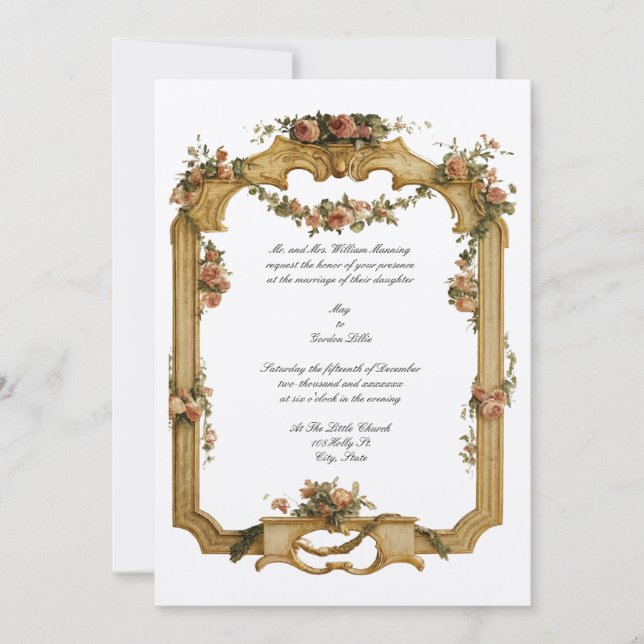 Convite Barroco Rococó Floral e Frutas Cor Casamento (Frente)