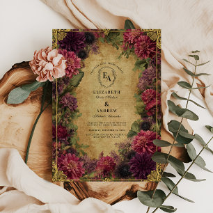 Convite Barroco Vitoriano Floral na Borgonha e Dourado
