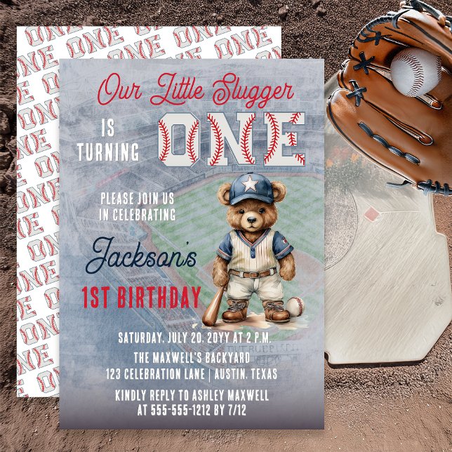 Convite Baseball 1st Birthday Teddy Bear Little Slugger  (Baseball 1st Birthday Teddy Bear Little Slugger Invitation - Print | Digital Download)