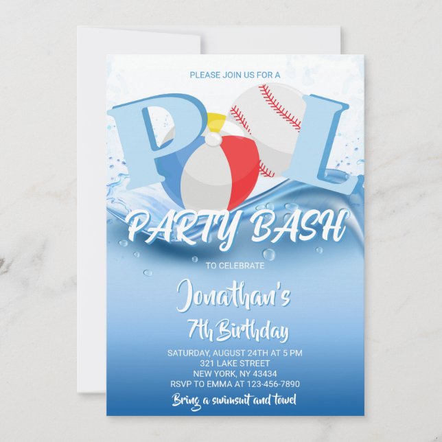 Convite Baseball Beach Ball Pool Party Bash Birthday (Frente)