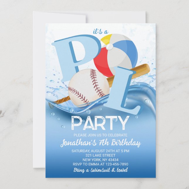 Convite Baseball Beach Ball Pool Party Birthday (Frente)