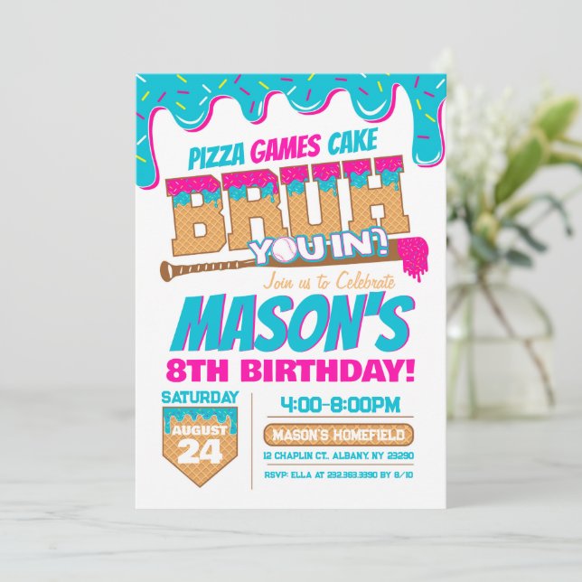 Convite Baseball Birthday Invitation Drip Bruh Theme (Em pé/Frente)