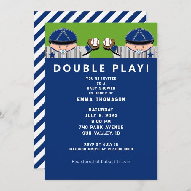 Convite Baseball em chás de fraldas gêmeos (Frente/Verso)