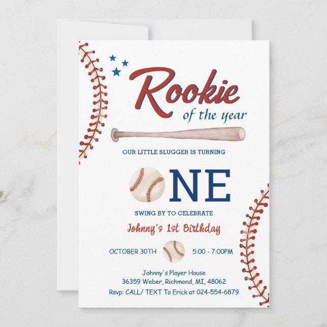 Convite Baseball First Birthday Rookie, foto do ano (Frente)