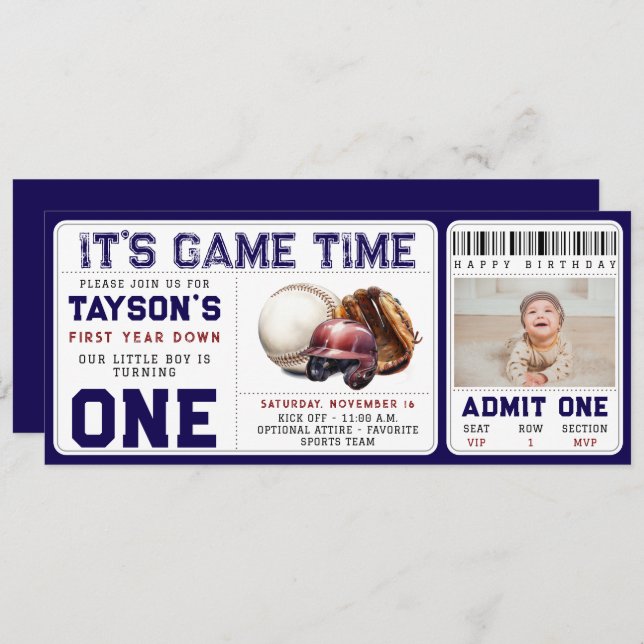 Convite Baseball First Year Down 1st Birthday Ticket (Frente/Verso)