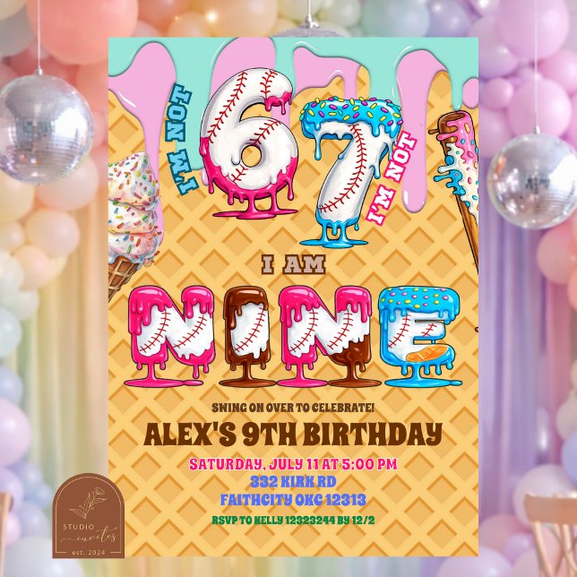 Convite Baseball Ice Ceam Drip Six Seven boy 9th Birt (Criador carregado)