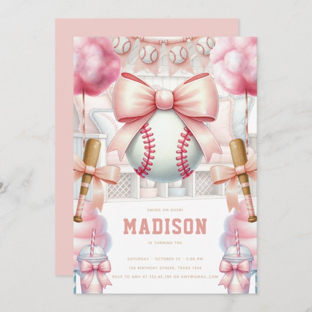 Convite Baseball Luxury Birthday Girly Sports Theme (Frente/Verso)
