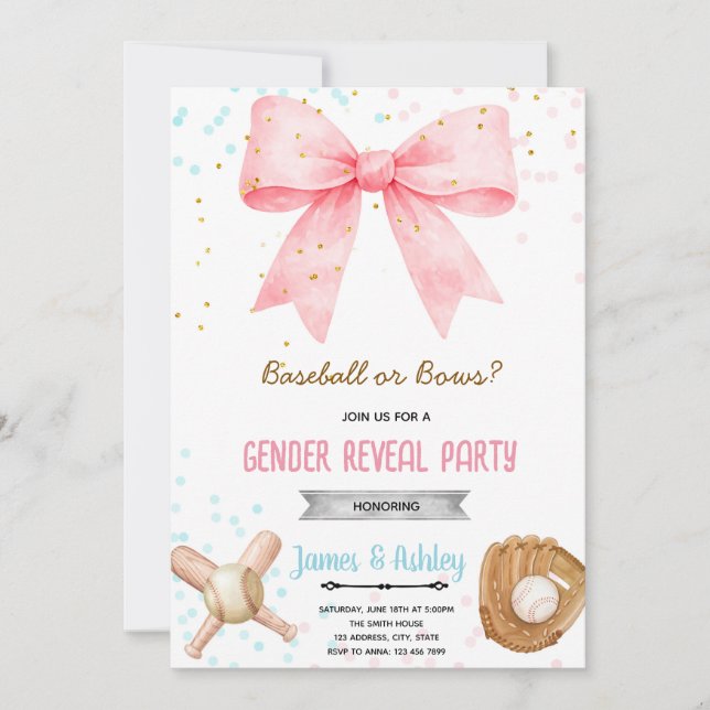 Convite Baseball or Bows Gender Reveal invitation (Frente)