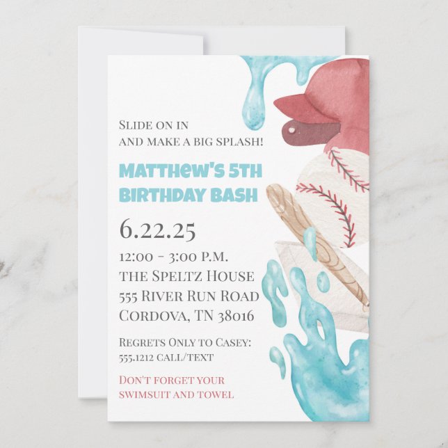 Convite Baseball Pool Party Birthday Invitation (Frente)