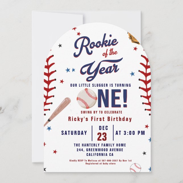 Convite Baseball Rookie do Ano do primeiro aniversario Bas (Frente)