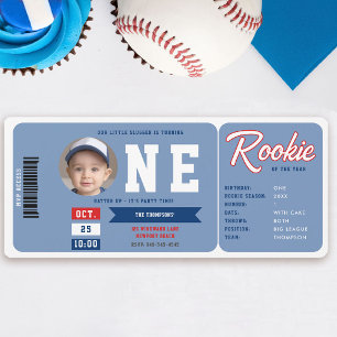 Convite Baseball Rookie Stats Blue Ticket Boy primeiro ani