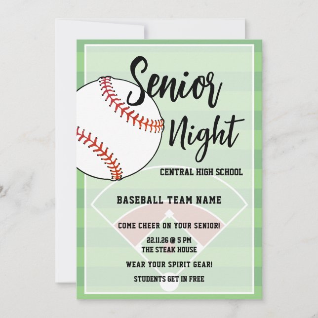 Convite Baseball Senior Night High School Party (Frente)