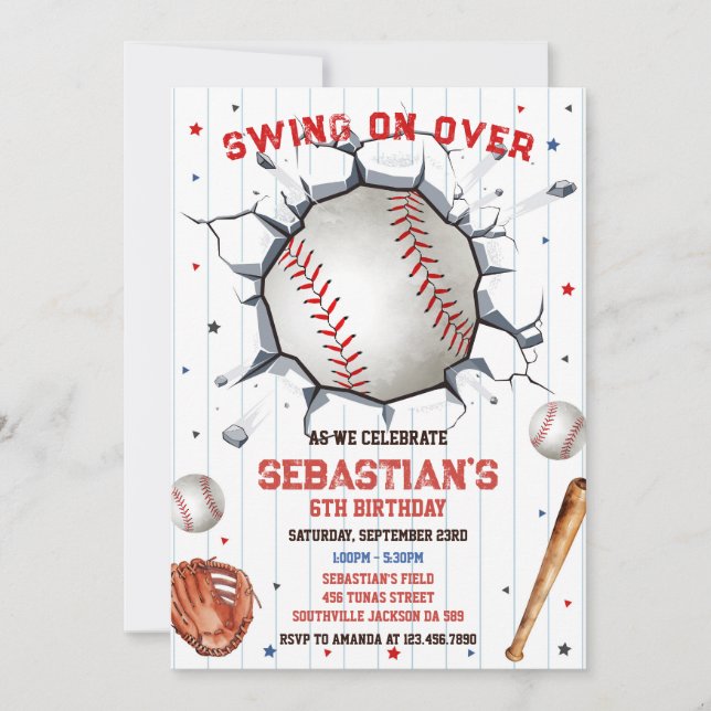 Convite Baseball Swing On Over Boy Birthday Invitation (Frente)