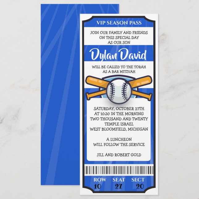 Convite BASEBALL TICKET Bar Bat Mitzvah Invitation (Frente/Verso)