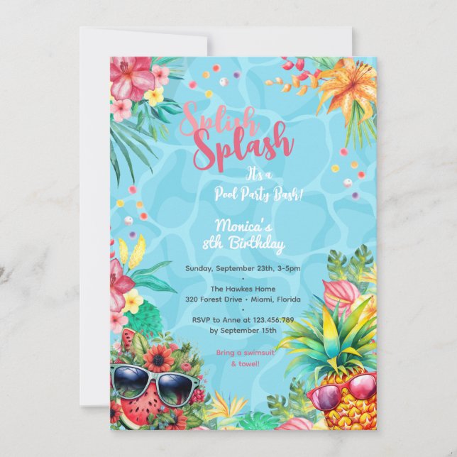 Convite Bash de aniversário da piscina de verão do Havaí (Frente)