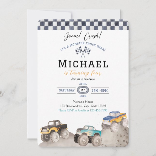 Convite Bash de Caminhão Monstro Boom Crash (Frente)