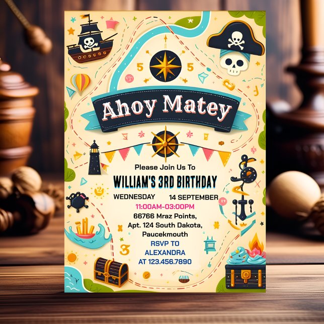 Convite Bash Ship Kids Legal Flag Boat Pirate 4º aniversár (Criador carregado)