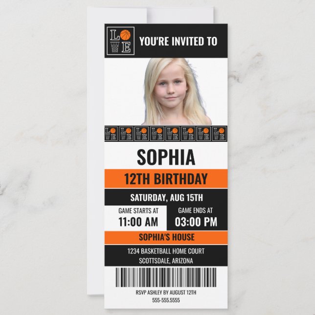 Convite Basketball Birthday Girl, Basketball player (Frente)