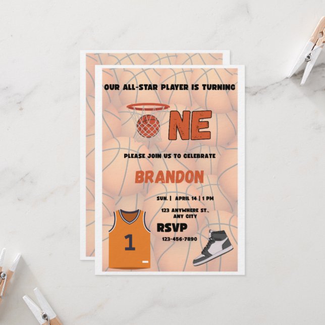 Convite Basketball First Birthday Invitation | All Star (Frente/Verso In Situ)