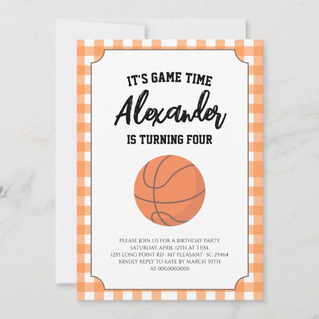 Convite Basquete de Gingham de Aniversário (Frente)