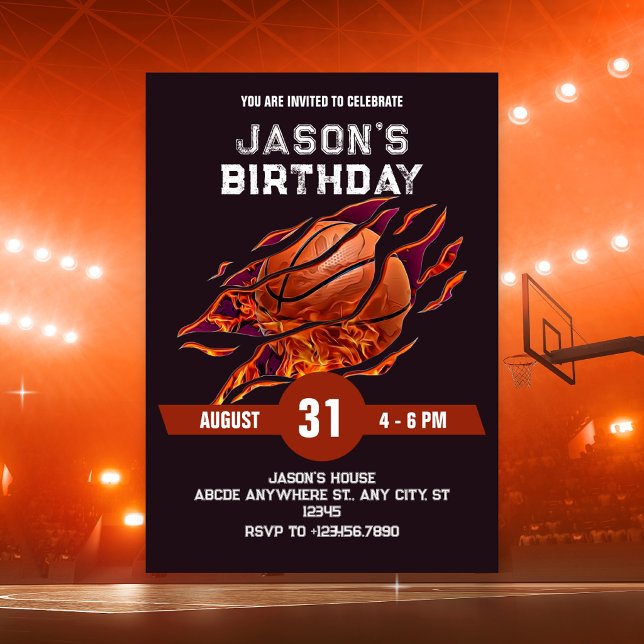 Convite Basquete moderno fogo aniversário  (Criador carregado)