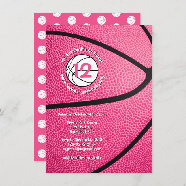 Convite basquetebol feminino rosa (Frente/Verso)