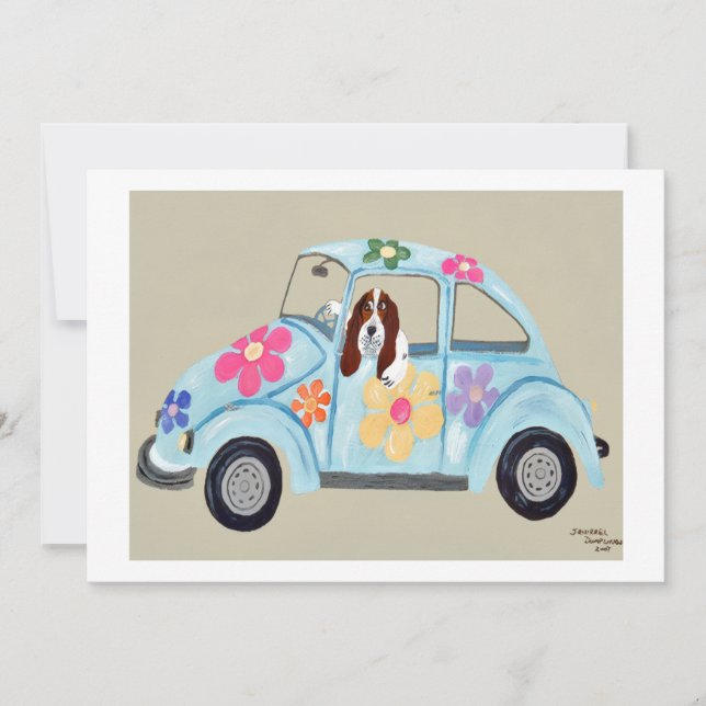 Convite Basset Hound em carro hippie (Frente)
