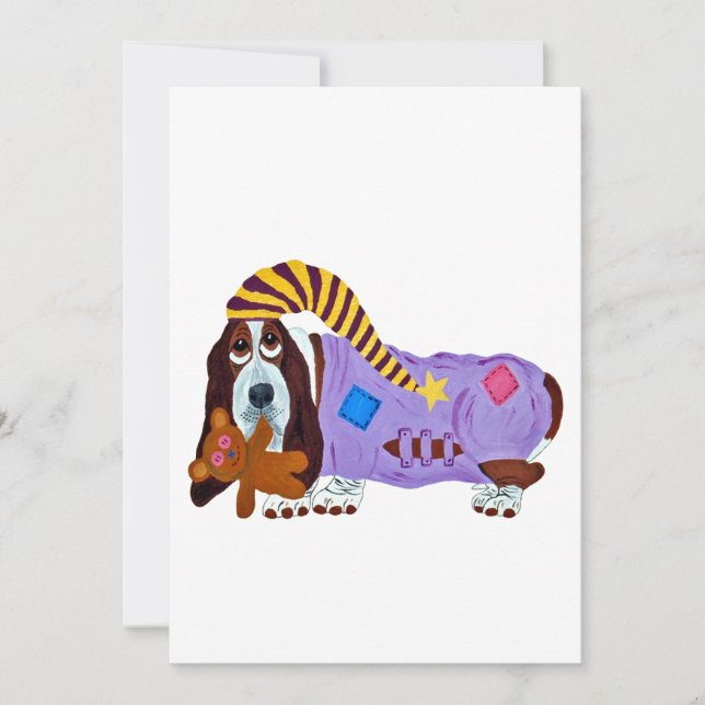 Convite Basset Hound em PJs com ursinho de pelúcia (Frente)