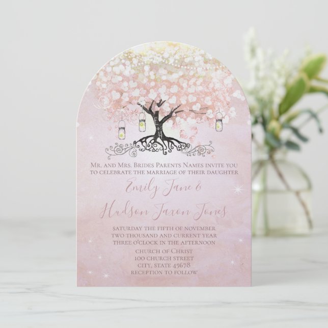 Convite Basta Pink Heart Leaf Tree Mason Jar Wedding (Em pé/Frente)