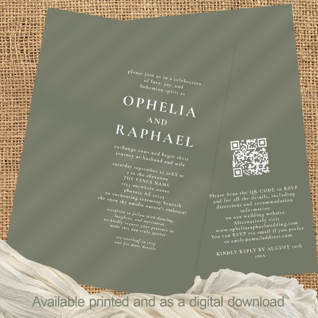 Convite Basta Texto Sage Green QR Code Bohemian Wedding (Front and back view)