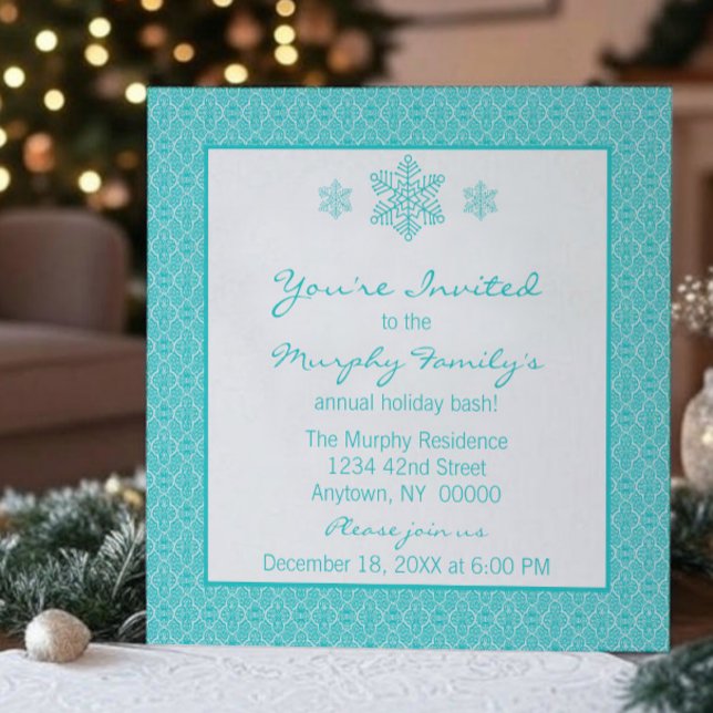 Convite Bastante clássico Damask Snowflakes Natal | Cercet (Teal Simply Classic Damask Snowflakes Christmas Party Invitation)