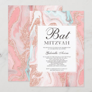 Convite Bastão de mármore cor-de-rosa coral Mitzvah do