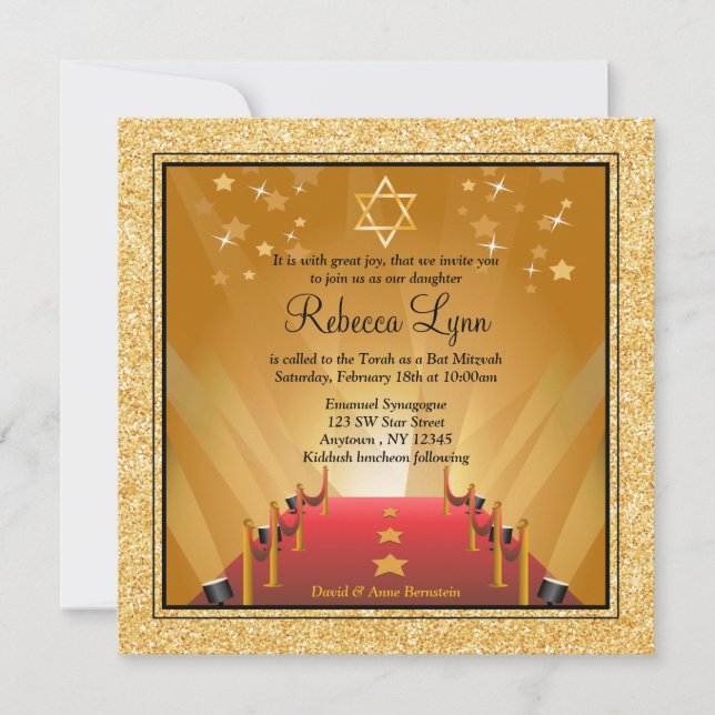 Convite Bastão Dourado Mitzvah da estrela de Hollywood do (Frente)