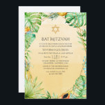 Convite Bat Geométrico Exótico Mitzvah<br><div class="desc">Convite de morcego de verão,  com abundância de verde tropical,  flores de estrelitzia,  pássaro tucano,  abacaxi,  sorvete e estrutura geométrica dourada.</div>