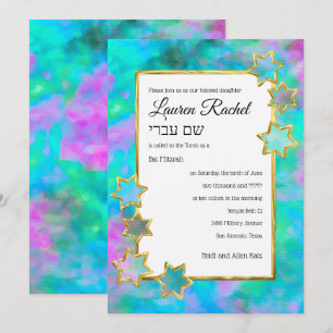 Convite Bat Mitzvah, Abstrato da Estrela Dourada, Cor Azul