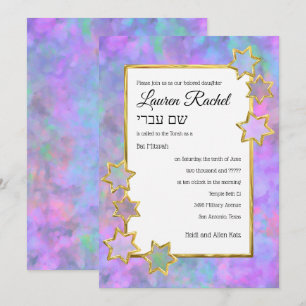 Convite Bat Mitzvah Abstrato Estrela Dourada Azul Rosa Púr