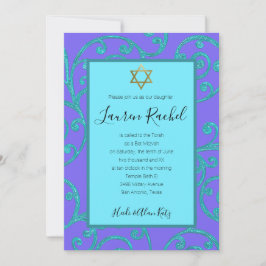 Convite Bat Mitzvah Any Color Aqua Scrol Design