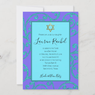 Convite Bat Mitzvah Any Color Aqua Scrol Design