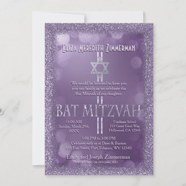 Convite Bat Mitzvah | Aparência de brilho púrpura (Frente)
