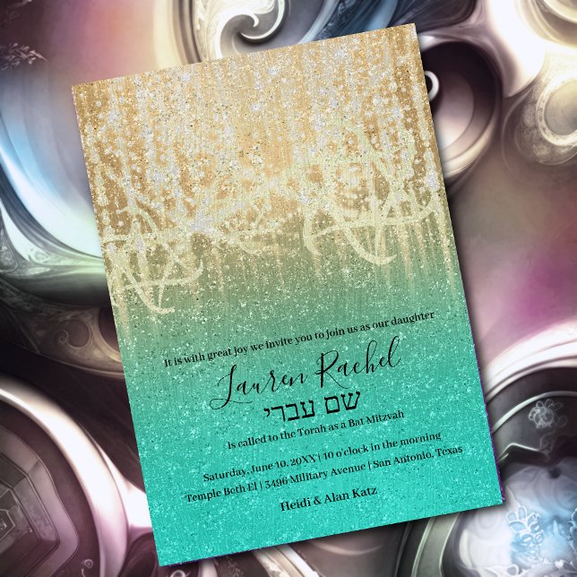 Convite Bat Mitzvah Aqua Dourada Extra Sparkly (Criador carregado)