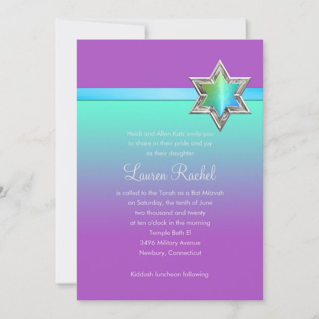 Convite Bat Mitzvah Aqua Green Ombre Ribbon e Star (Frente)