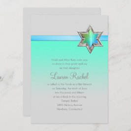 Convite Bat Mitzvah Aqua Green Ombre Ribbon e Star